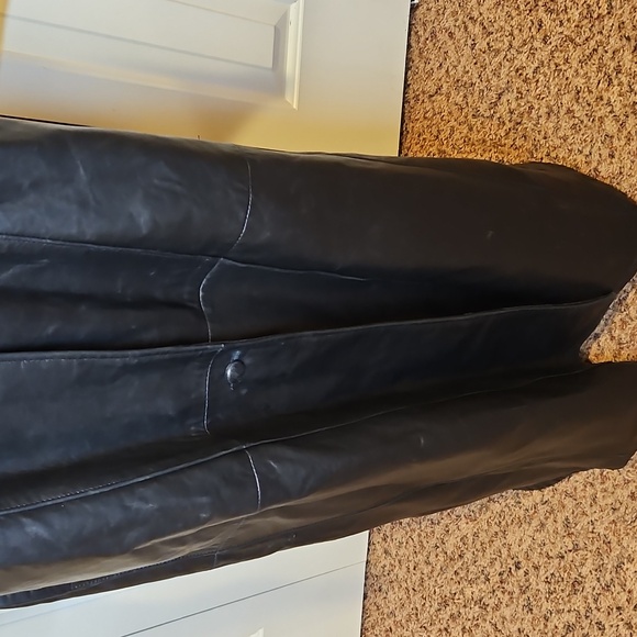Vintage Reed Elegant Black Leather Coat Trench S Long Buttons - Picture 5 of 12